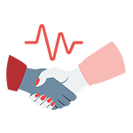 Icon of two people shaking hands with a heart beat arrhythmia line. 