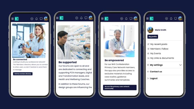 Screenshots of the Primary Care App - one featuring the home page with image and text, two example of a page and then one page of the account management.