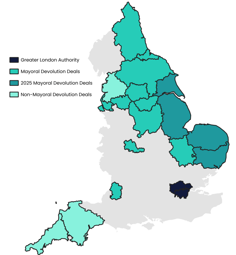 England map spotlighting areas with mayoral devo deals, 2025 devo deals, non-mayoral devo deal and the Greater London Authority