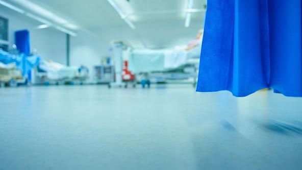 A floor-level view of a hospital ward.