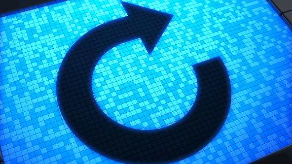 A graphic of a replay loop on a blue television screen showing static.