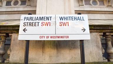 A street sign showing " Parliament Street" to the left and "Whitehall" to the right.