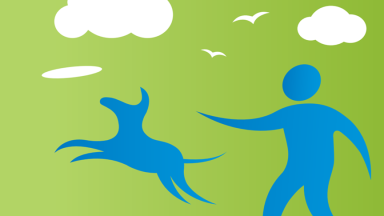 A graphic showing a stick figure throwing a frisbee to a dog, representing spending time outside.