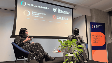 Lord Victor Adebowale CBE and Baroness Warsi on stage in-conversation