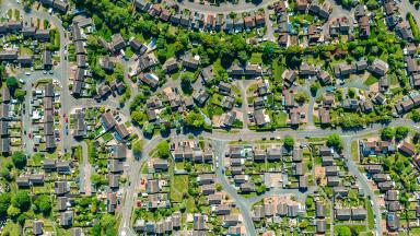 Houses and fields shown from the sky by drone give a unique perspective on UK life on the suburbs