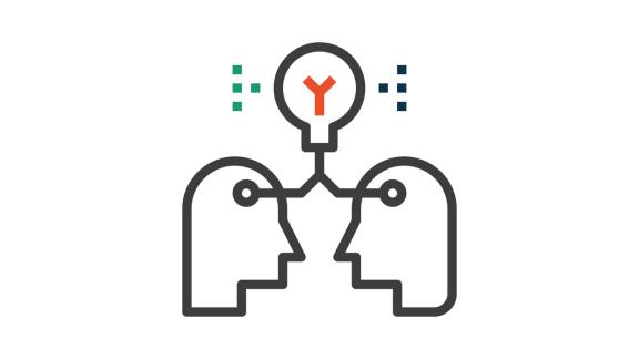 Icon denoting collaborative working. Two heads with a thought process bubble above them.