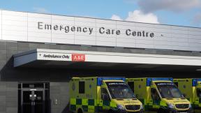 A row of ambulances outside an emergency care centre.