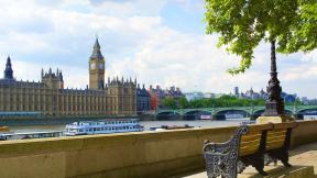 The Houses of Parliament viewed from across the River Thames.