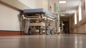 A hospital trolley in a corridor.