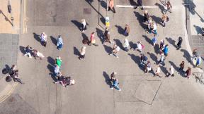 A crowded street viewed from above.