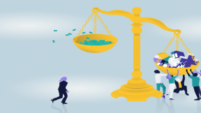 Illustrated scene showing an imbalanced scale. Right-hand side weighed down by symbols representing costs affecting NHS, such as buildings, medication and treatments. The left-hand side of the scale has money being depleted.