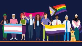 Illustration of a diverse group of people holding the trans, bi, non-binary, progress and genderfluid pride flags