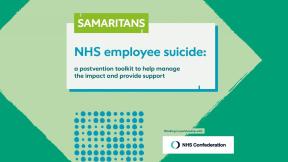 Front cover displaying full title of the guidance 'NHS employee suicide: a postvention toolkit to help manage the impact and provide support' in partnership with NHS Confederation