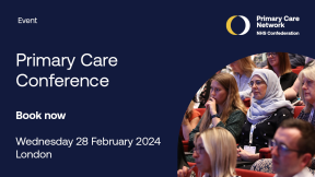 Event: Primary Care Conference. Book now. Wednesday 28 February 2024. London. Featuring an image of a conference hall with people seated watching a speaker.
