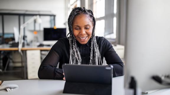 An office worker on a video call.