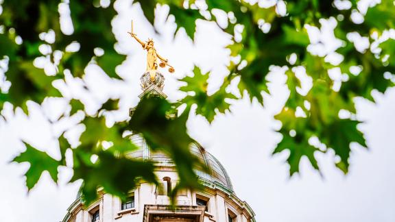 The Lady Justice statue, viewed through a tree.