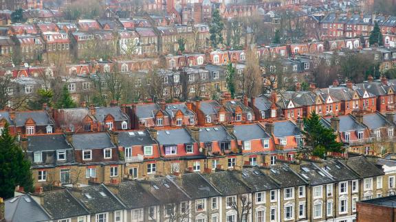 Rows of houses, viewed from above.