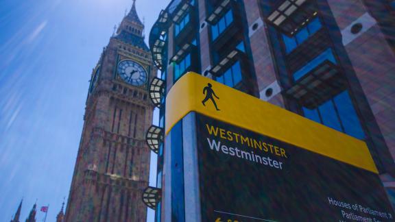 The Westminster tube stop outside the Houses of Parliament.