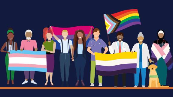 Illustration of a diverse group of people holding the trans, bi, non-binary, progress and genderfluid pride flags