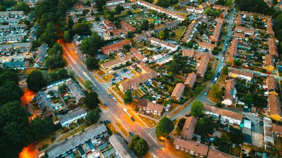 Aerial view of a UK town showing streets and houses