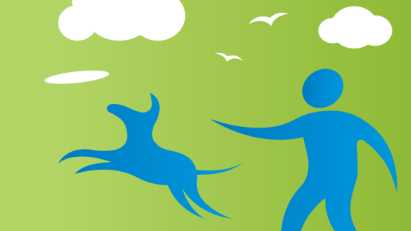 A graphic showing a stick figure throwing a frisbee to a dog, representing spending time outside.