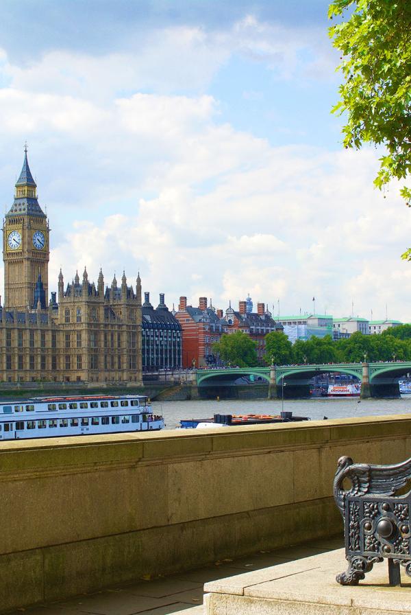 The Houses of Parliament viewed from across the River Thames.