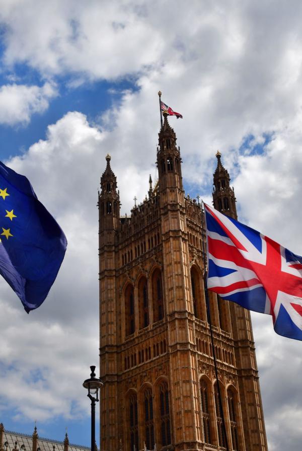 UK EU flags flying outside UK Parliament