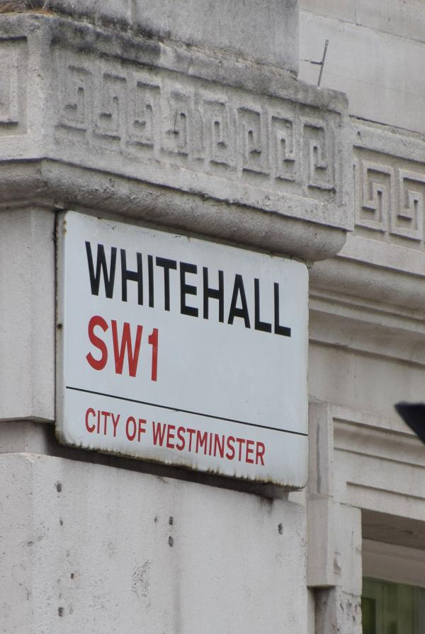 A sign reading "Whitehall, SW1, City of Westminster".