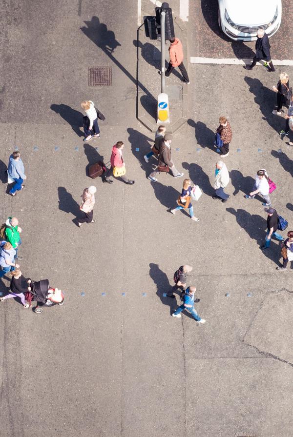 A crowded street viewed from above.