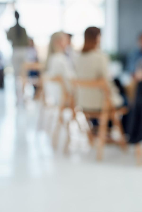 People seated listening to a presentation, slightly blurred