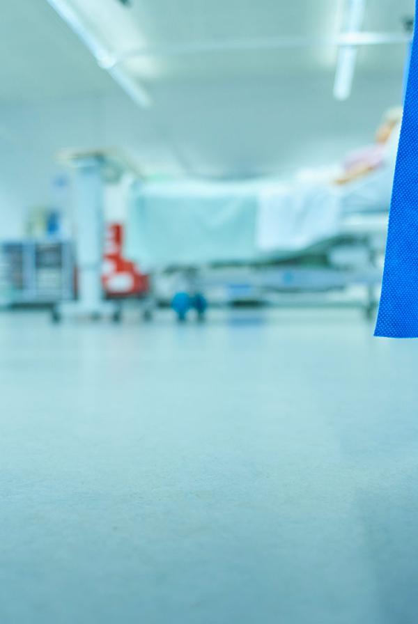 A floor-level view of a hospital ward.