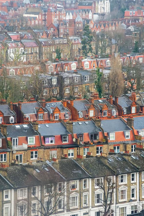 Rows of houses, viewed from above.