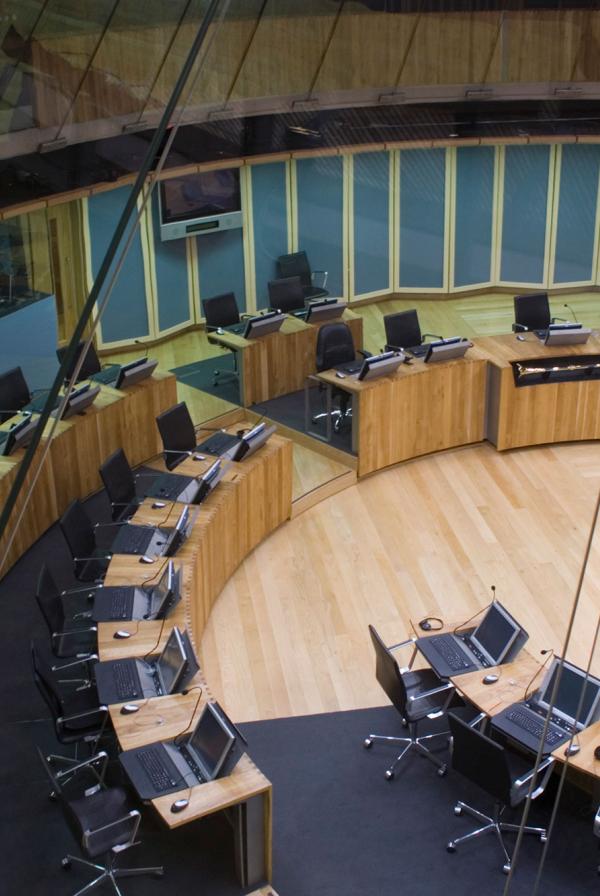 The inside of the Welsh Assembly building.
