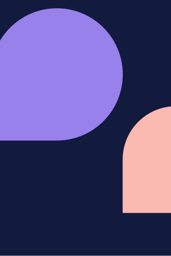 Purple, peach and grey abstract shapes over a navy blue background.