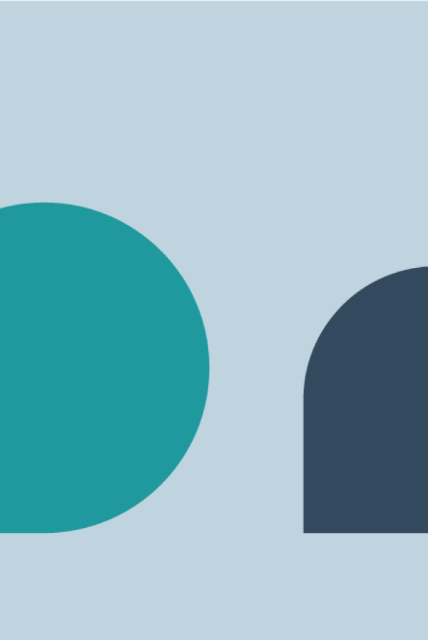 Teal, navy blue, mid grey and off-white abstract shapes over a light blue background.