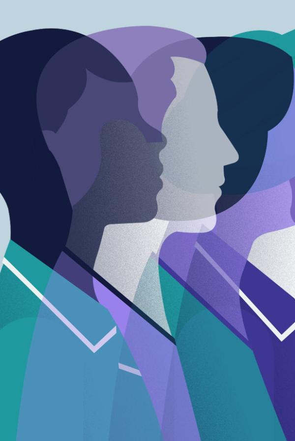 An illustration of four diverse health and care staff standing in a row.