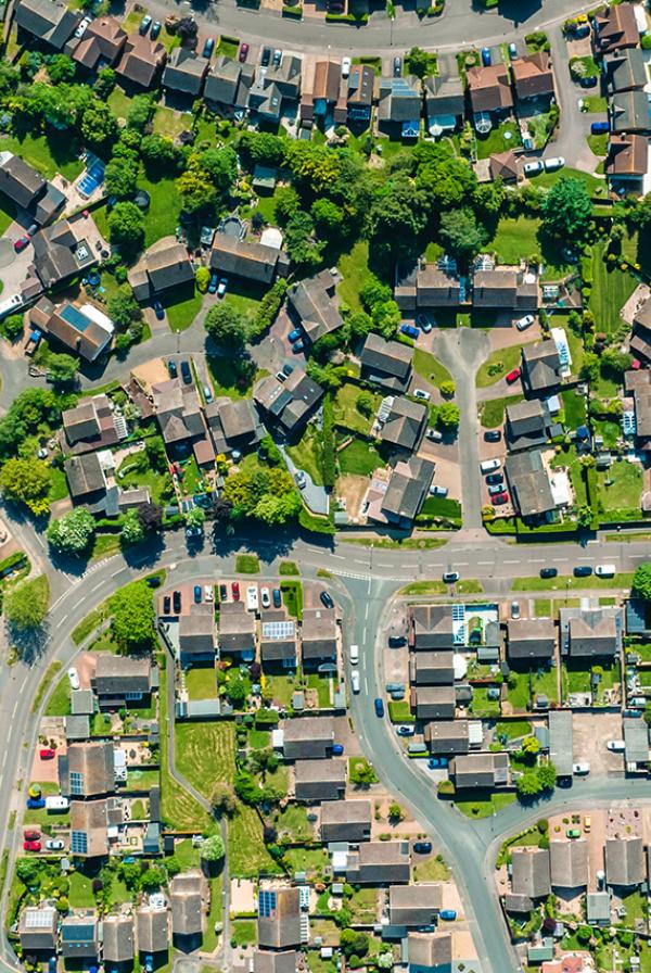 Houses and fields shown from the sky by drone give a unique perspective on UK life on the suburbs
