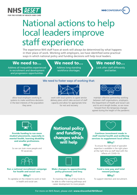 National actions to help local leaders improve staff experience infographic.