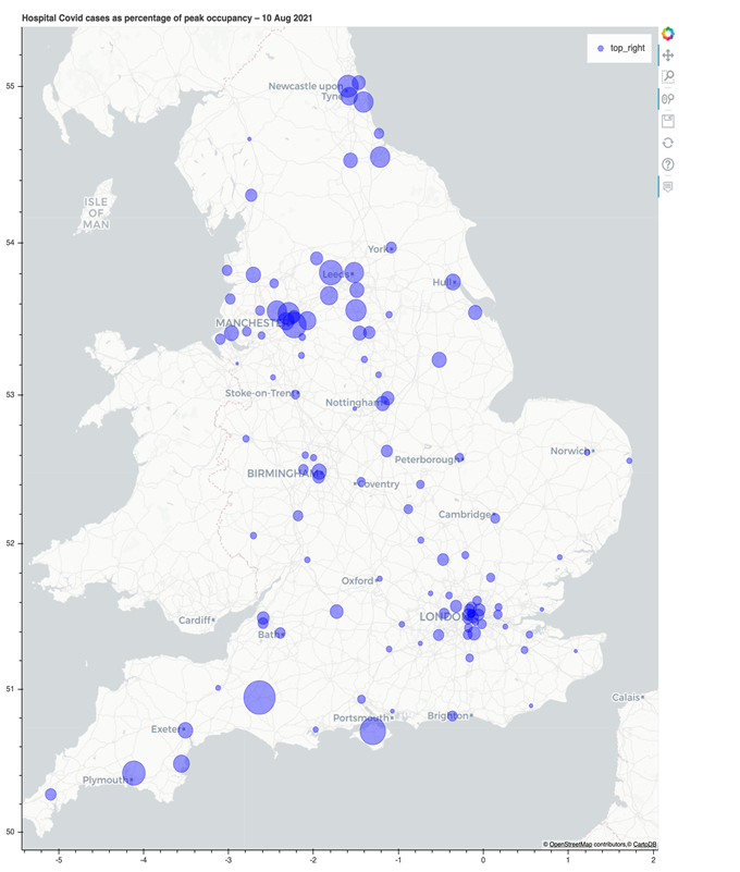 Map showing Covid hospital cases as a percentage of peak Covid occupancy