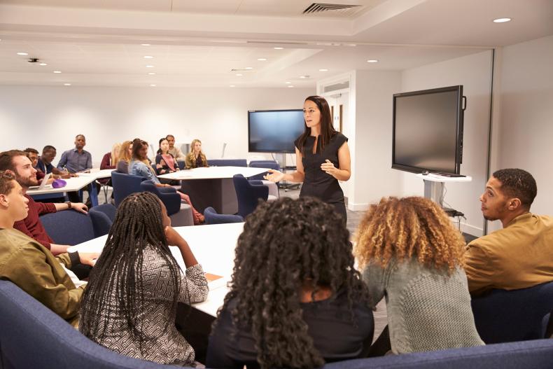 A seminar leader presenting to delegates.