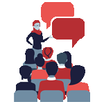 Small icon of a group of animated people on seats, attending a conference.