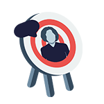 Icon of a person with a speech bubble above their head. Featured on a archery type target board.