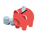 Icon of a piggy bank with coins going into it.