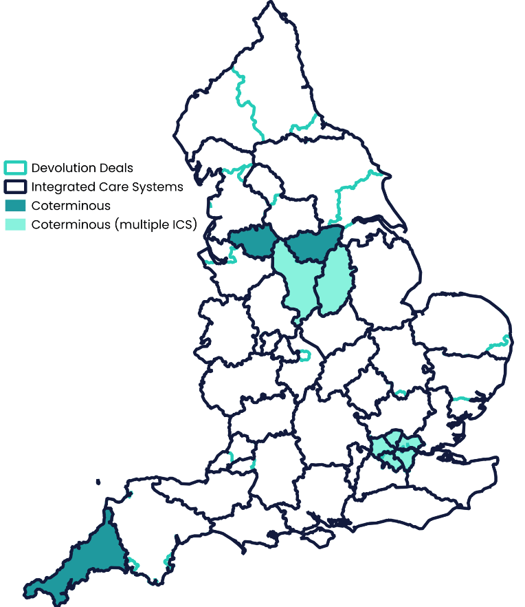 Map of England highlighting devo deals, integrated care systems, where they are coterminous and coterminous across multiple ICSs