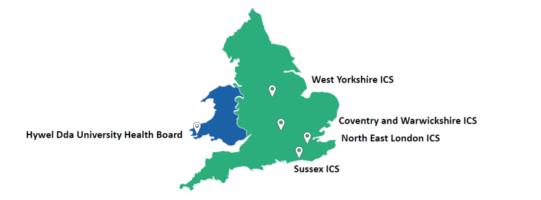Map showing location of ICSs and Welsh local health boards we worked with