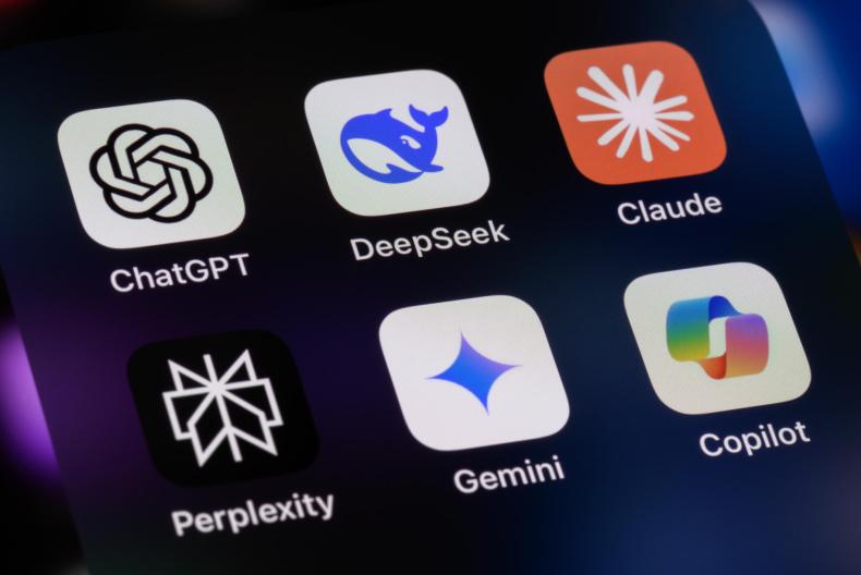 AI Assistant Apps - ChatGPT, DeepSeek, Anthropic Claude, Perplexity, Google Gemini, Microsoft Copilot - on smartphone