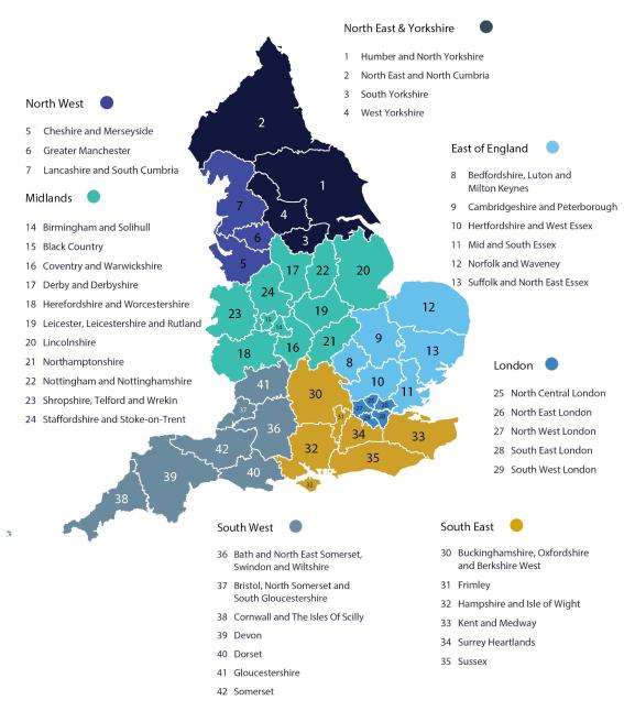 Map of England with geographic boundaries of the 42 integrated care boards, shaded by NHS region