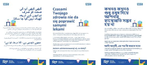 Collage of the Reducing Inequalities in Communities leaflets in Urdu, Begali and Polish